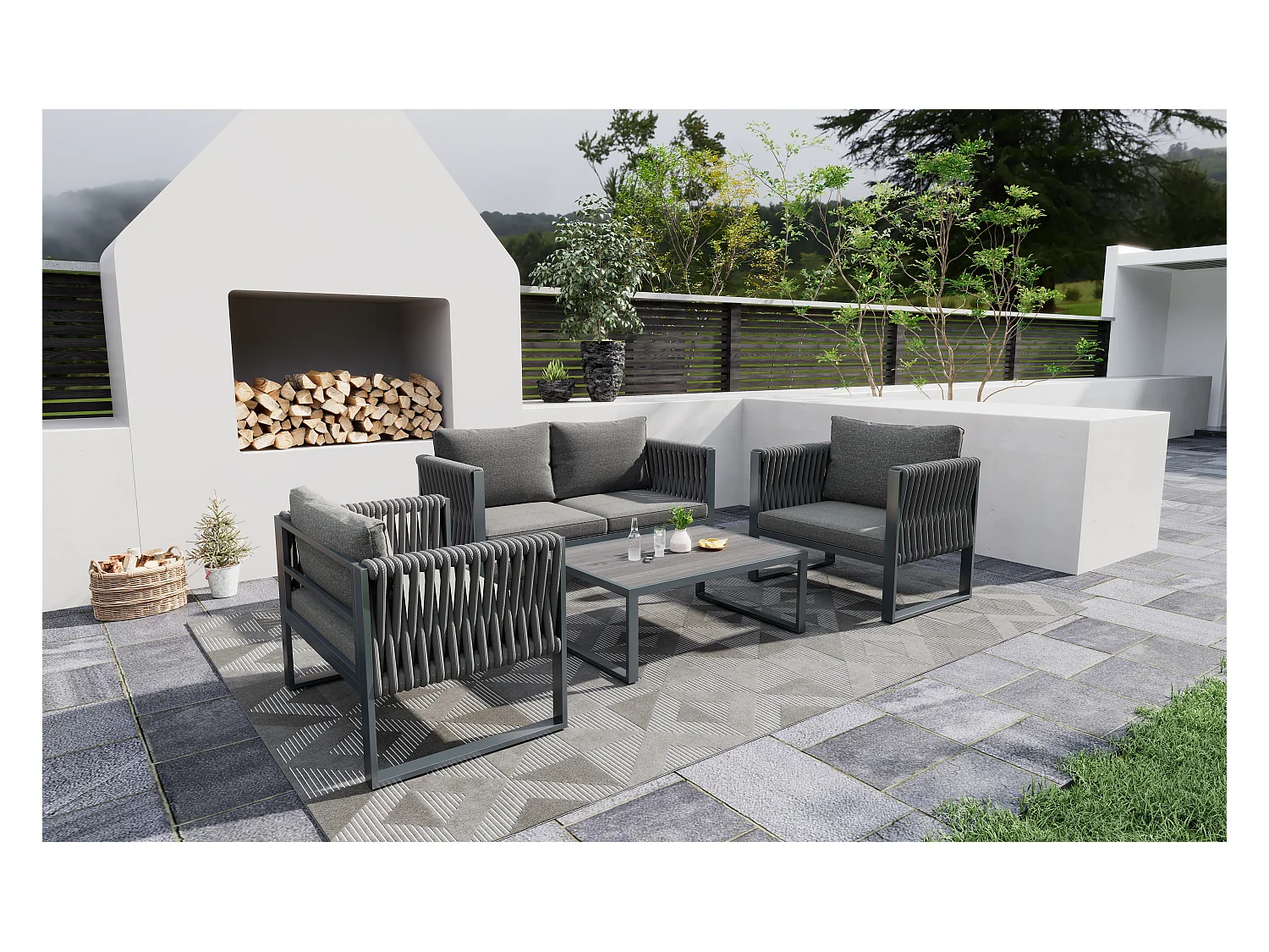 Tuinmeubelset van gegalvaniseerd ijzer: 1 bank + 2 fauteuils + 1 salontafel - 9 cm dikke kussens - Grijs