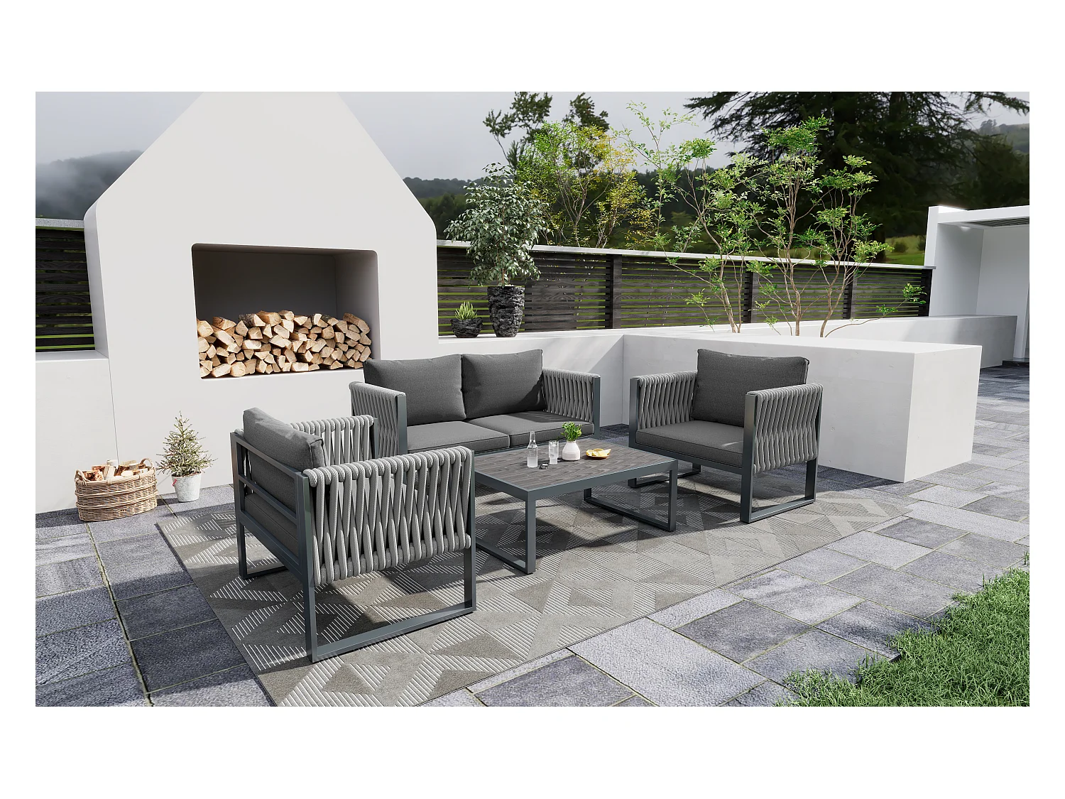 Tuinmeubelset van gegalvaniseerd ijzer: 1 bank + 2 fauteuils + 1 salontafel - 9 cm dikke kussens - Grijs