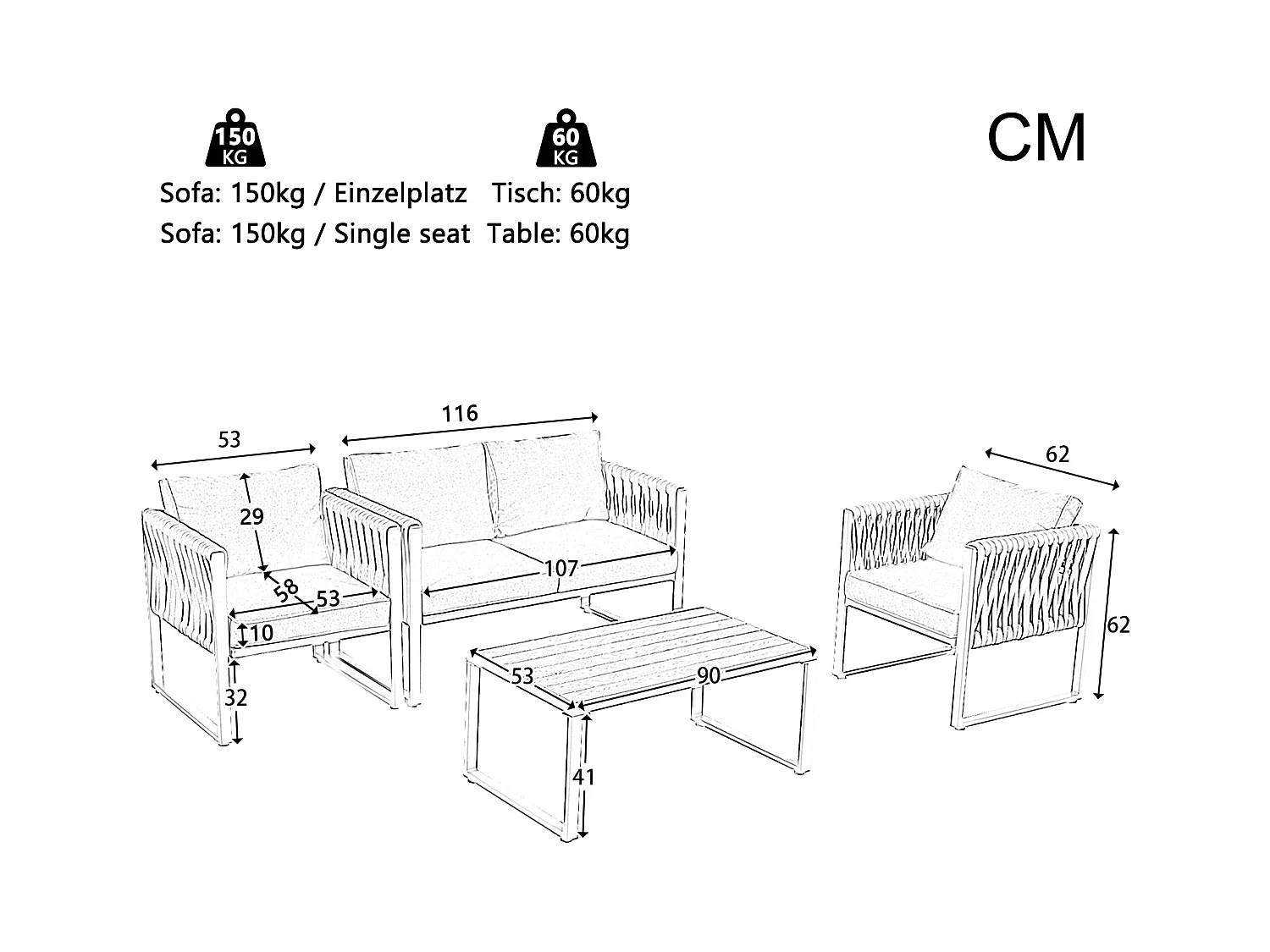 Tuinmeubelset van gegalvaniseerd ijzer: 1 bank + 2 fauteuils + 1 salontafel - 9 cm dikke kussens - Grijs