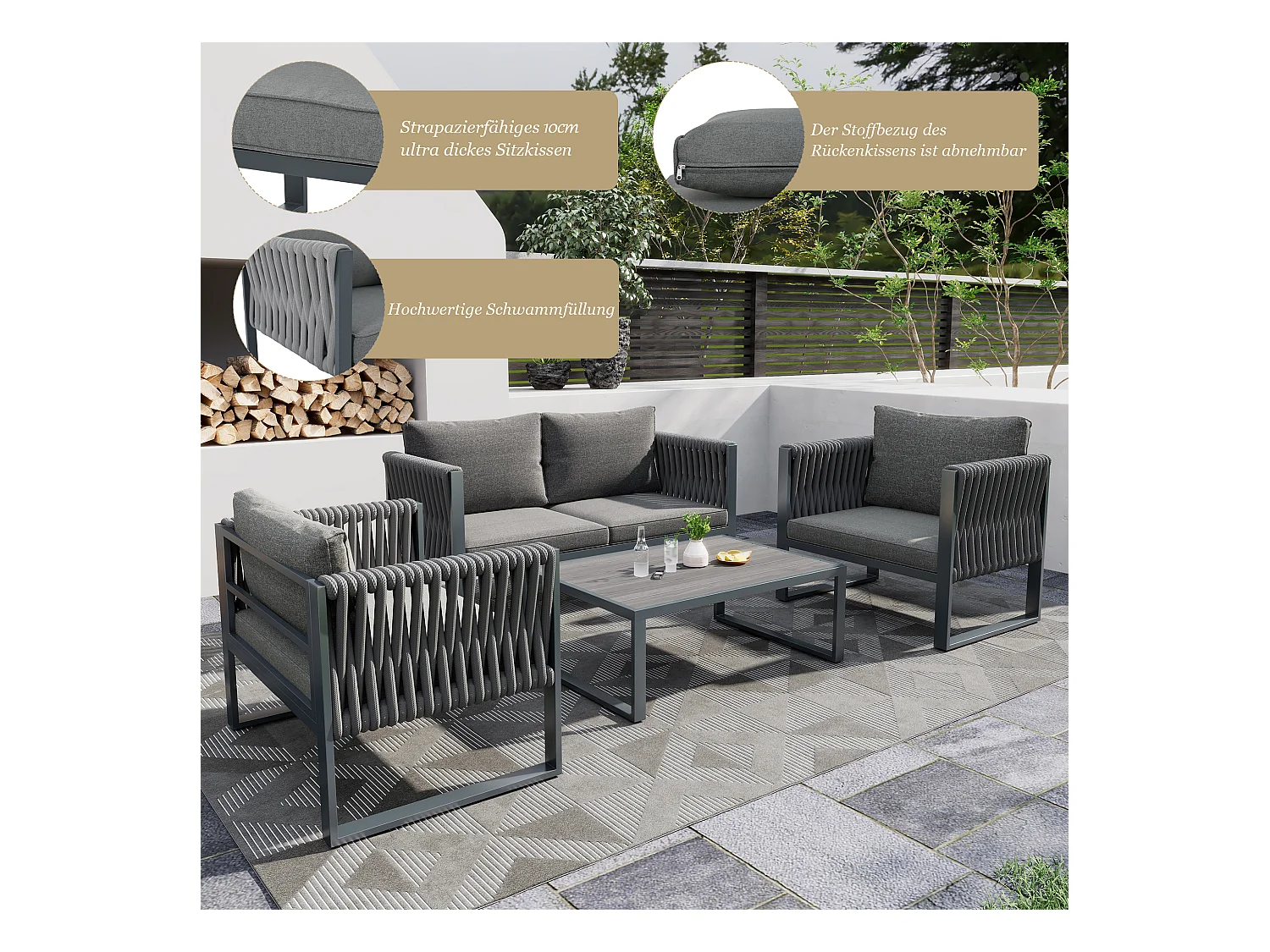 Tuinmeubelset van gegalvaniseerd ijzer: 1 bank + 2 fauteuils + 1 salontafel - 9 cm dikke kussens - Grijs