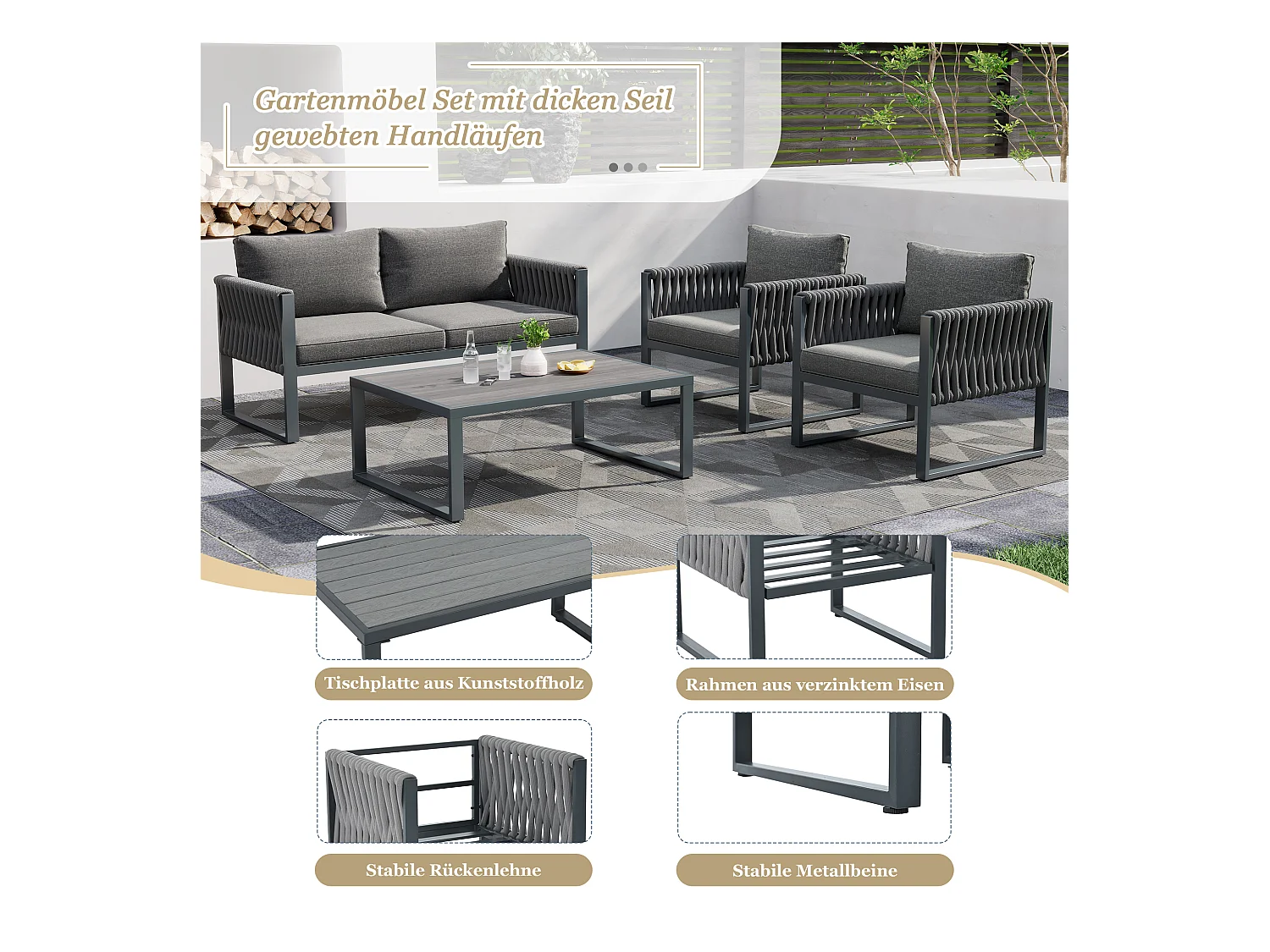 Tuinmeubelset van gegalvaniseerd ijzer: 1 bank + 2 fauteuils + 1 salontafel - 9 cm dikke kussens - Grijs