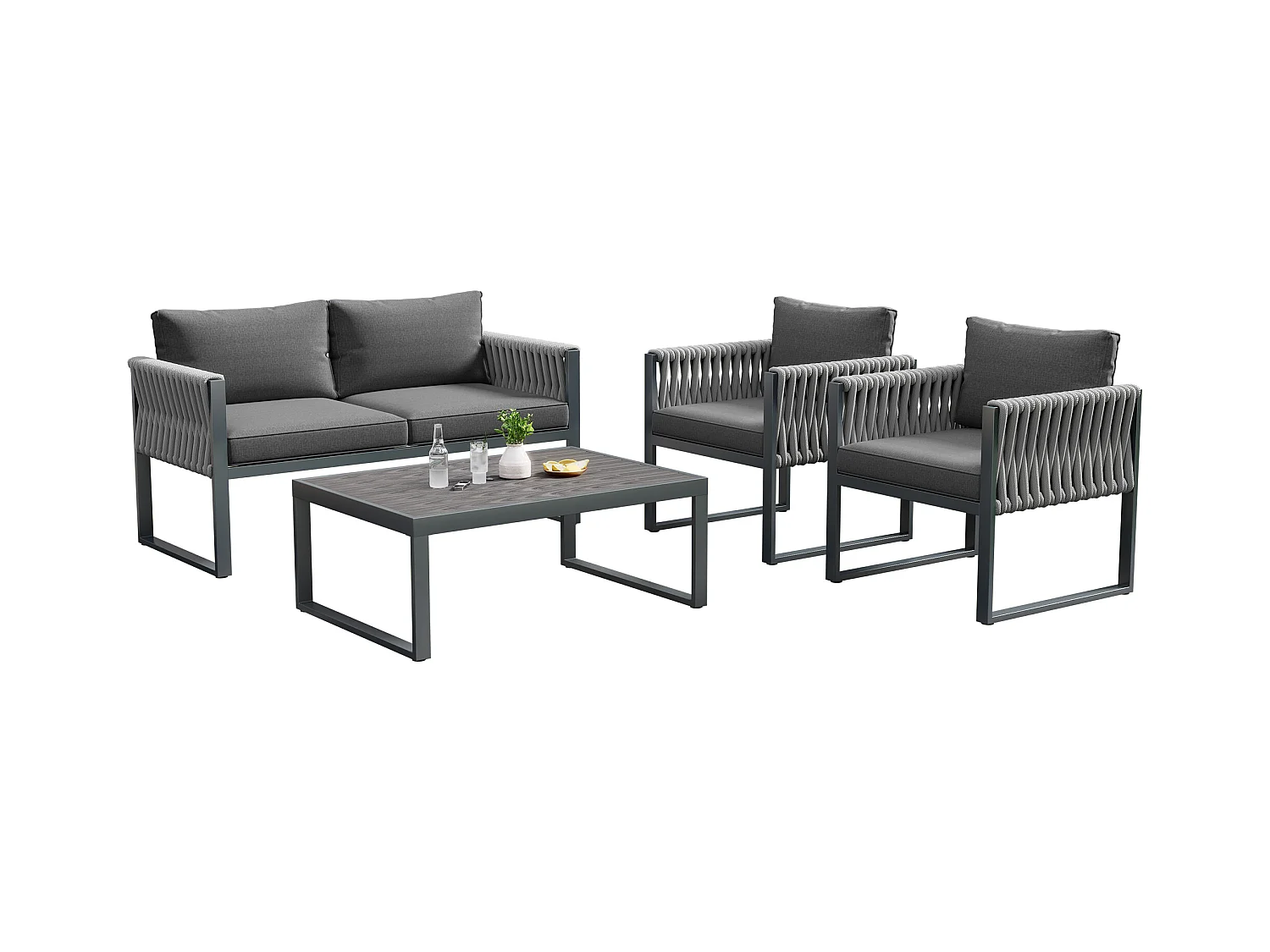 Tuinmeubelset van gegalvaniseerd ijzer: 1 bank + 2 fauteuils + 1 salontafel - 9 cm dikke kussens - Grijs