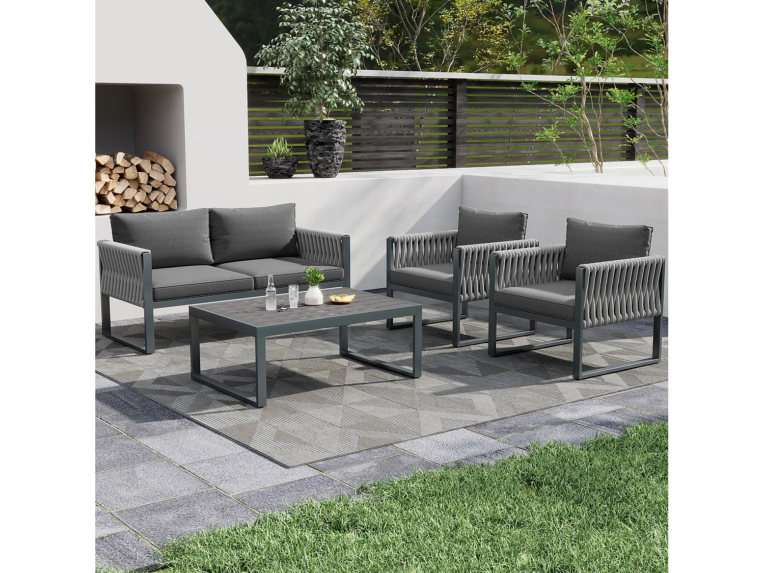Ensemble salon de jardin en fer galvanisé: 1 canapé + 2 fauteuils + 1 table basse - Coussins rembourrage 9 cm - Gris
