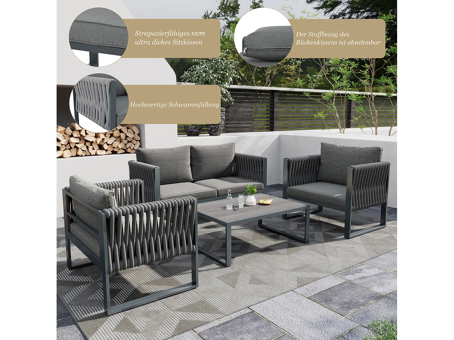 Ensemble salon de jardin en fer galvanisé: 1 canapé + 2 fauteuils + 1 table basse - Coussins rembourrage 9 cm - Gris