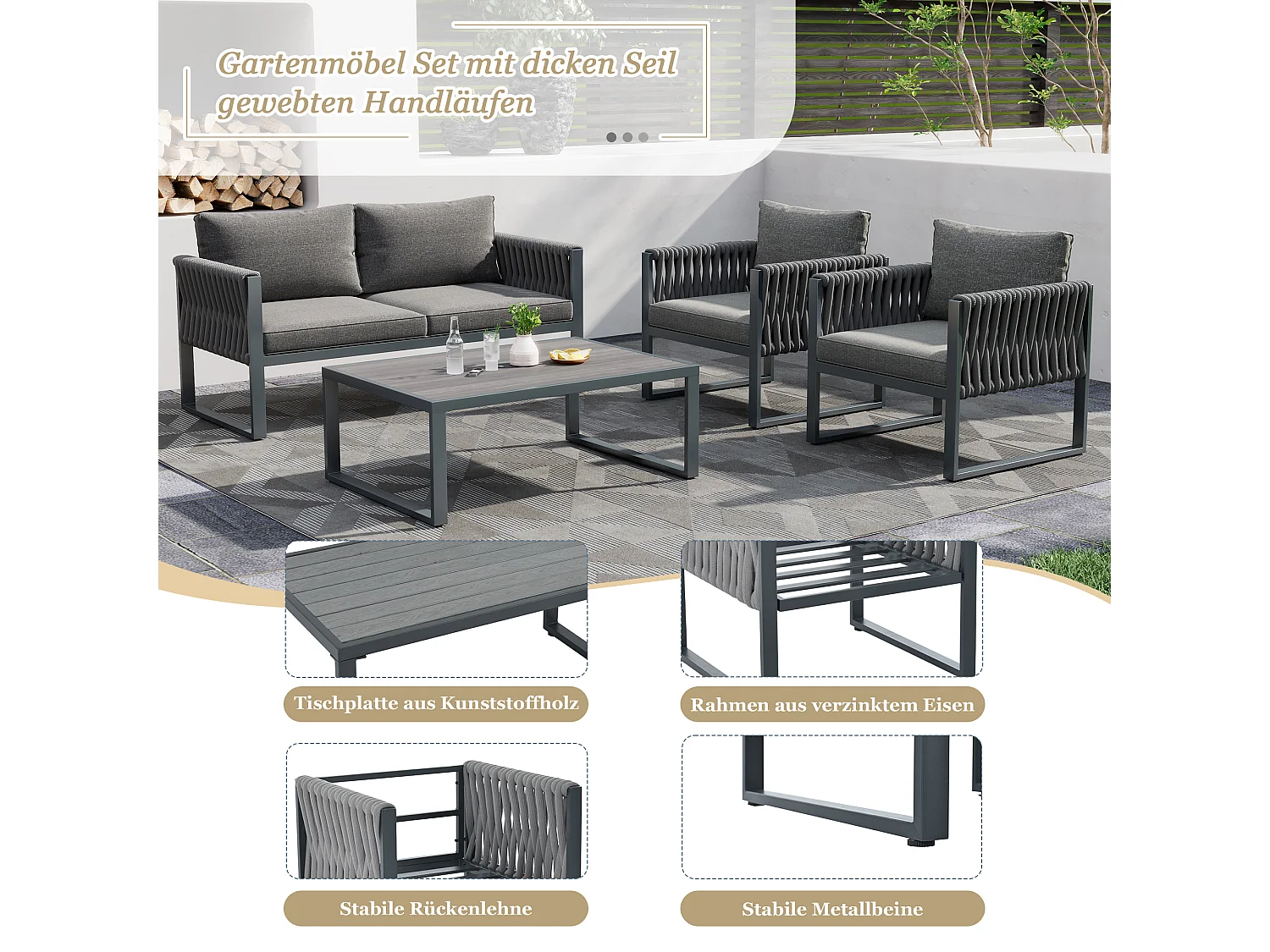 Ensemble salon de jardin en fer galvanisé: 1 canapé + 2 fauteuils + 1 table basse - Coussins rembourrage 9 cm - Gris