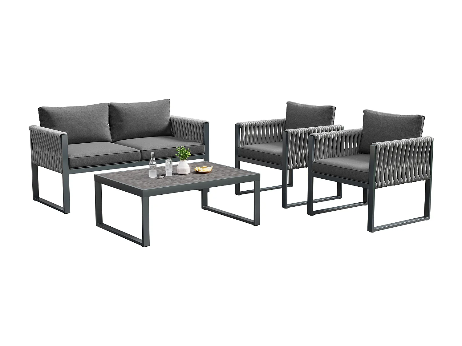 Ensemble salon de jardin en fer galvanisé: 1 canapé + 2 fauteuils + 1 table basse - Coussins rembourrage 9 cm - Gris