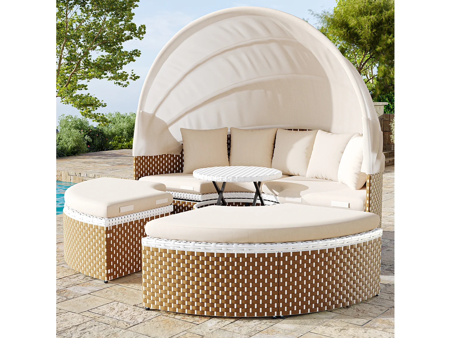 Mobile da giardino a 5 posti con ombrellone estensibile - Polyrattan e ferro - Cuscini seduta e schienale - beige