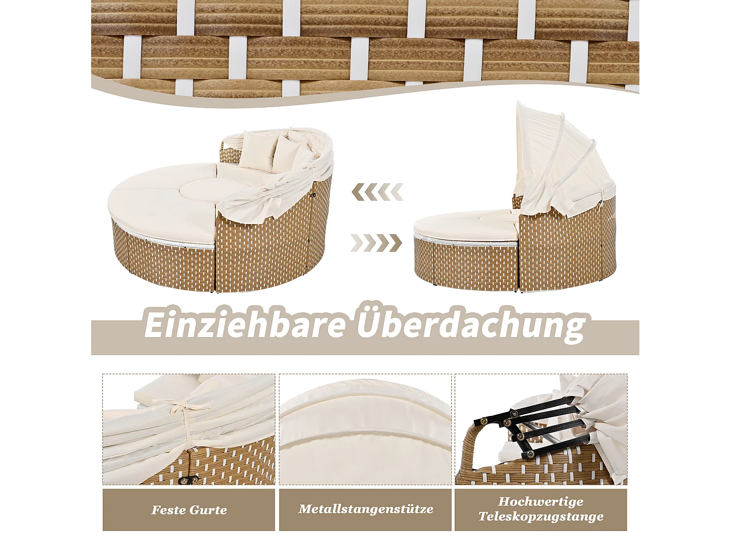 Mobile da giardino a 5 posti con ombrellone estensibile - Polyrattan e ferro - Cuscini seduta e schienale - beige