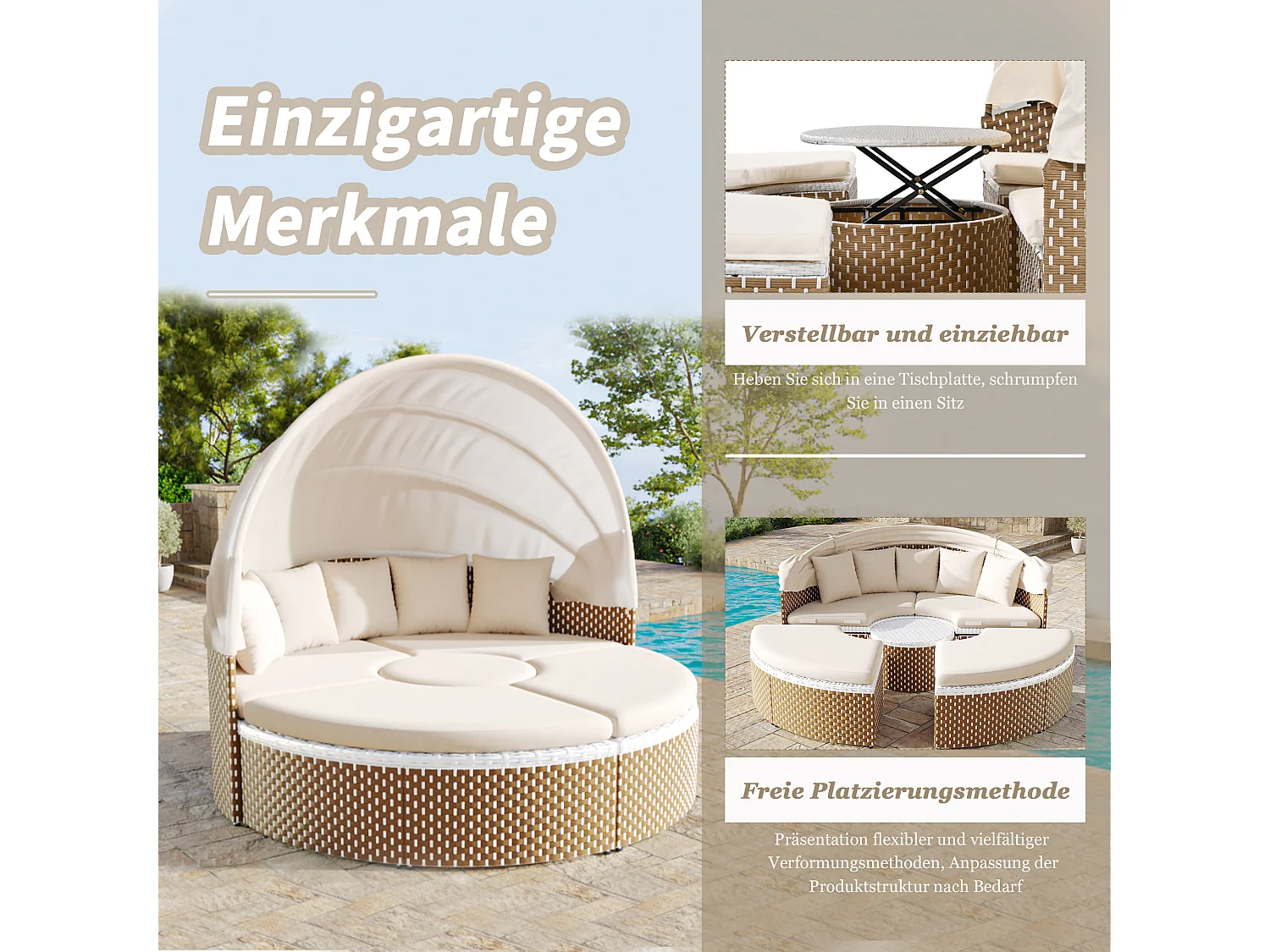 Mobile da giardino a 5 posti con ombrellone estensibile - Polyrattan e ferro - Cuscini seduta e schienale - beige