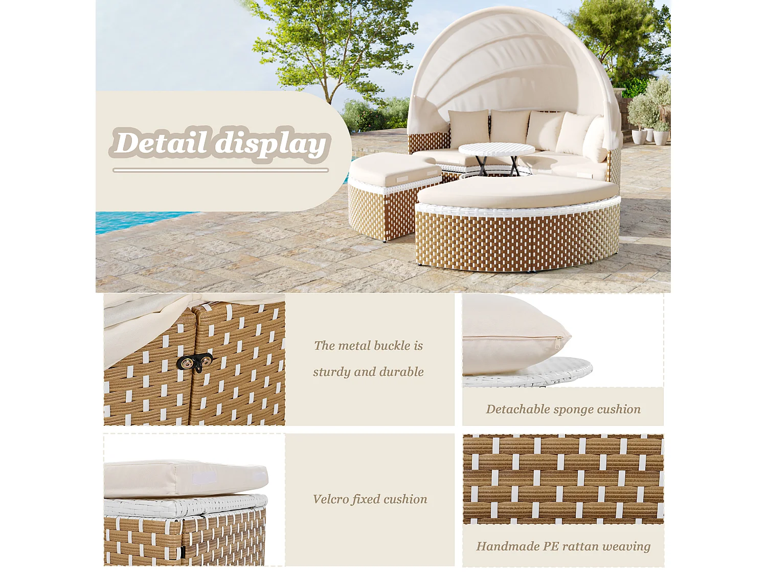 Mobile da giardino a 5 posti con ombrellone estensibile - Polyrattan e ferro - Cuscini seduta e schienale - beige