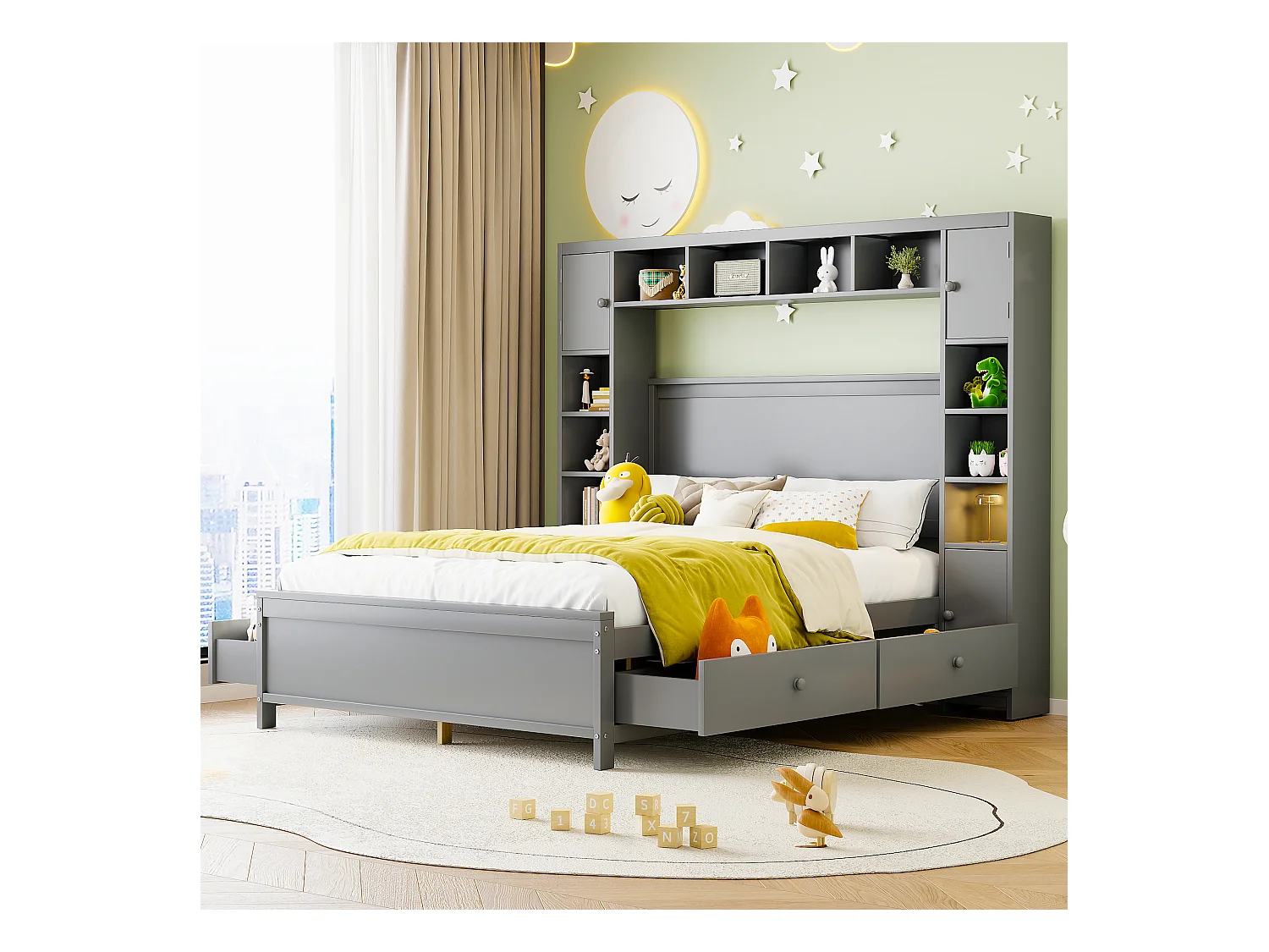 Lit 140 x 200 cm avec 4 tiroirs et rangement - Bois massif - Décor gris - CONAN