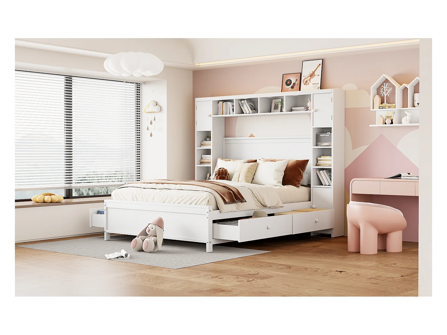 Cadre de lit pour enfant - 140 x 200 - avec 4 tiroirs + meuble de rangement - bois - blanc