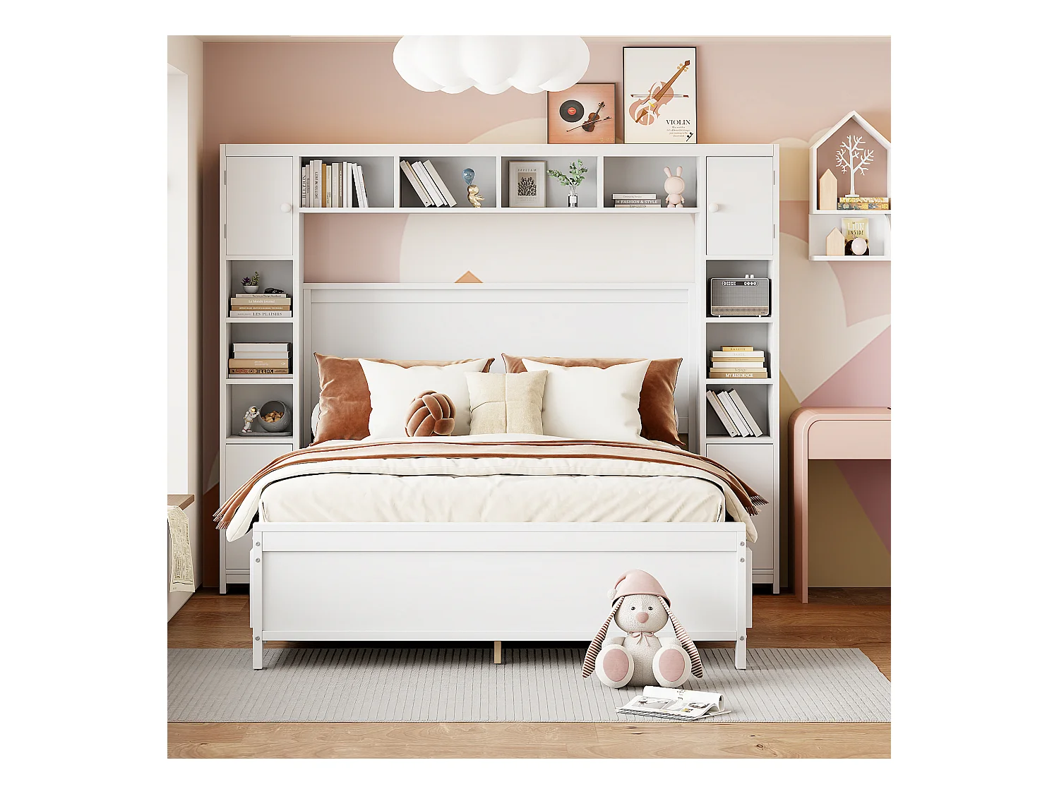Cadre de lit pour enfant - 140 x 200 - avec 4 tiroirs + meuble de rangement - bois - blanc