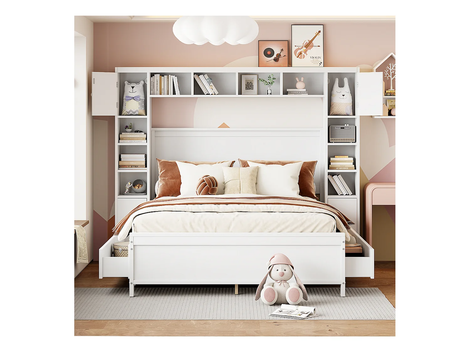 Cadre de lit pour enfant - 140 x 200 - avec 4 tiroirs + meuble de rangement - bois - blanc