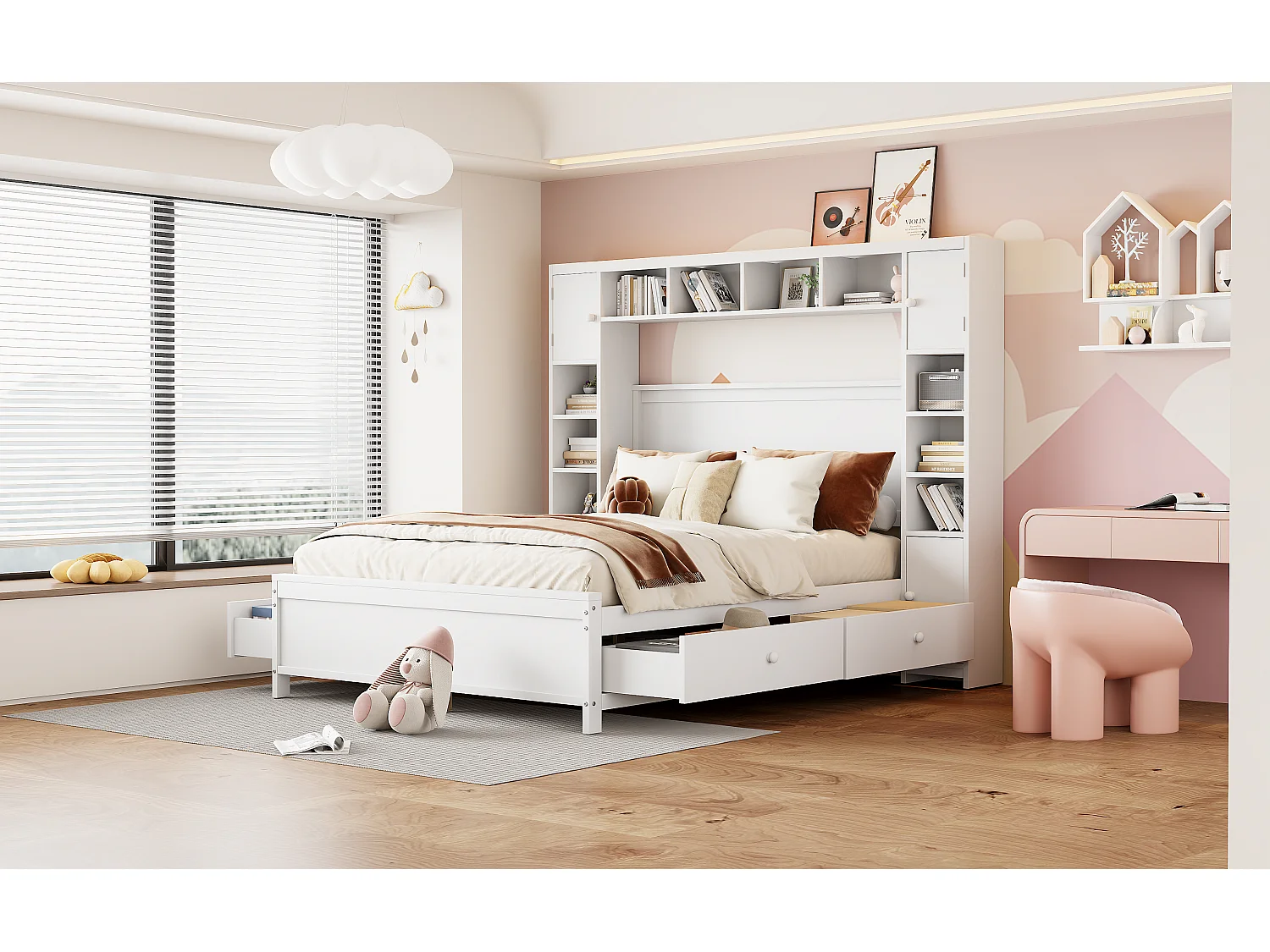 Kinderbedframe - 140 x 200 - met 4 lades + opbergmeubel - hout - wit