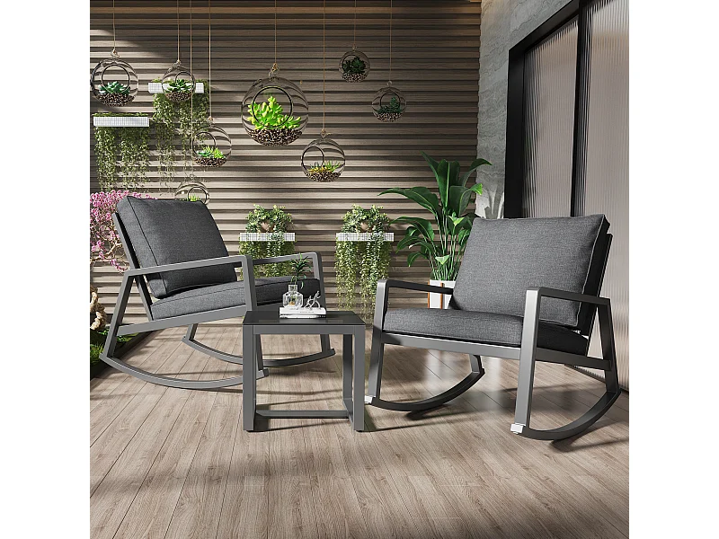 Conjunto de muebles de jardín de metal de 2 plazas: 2 mecedoras y 1 mesa de centro de cristal - Cojines acolchados de 8 cm - Gris