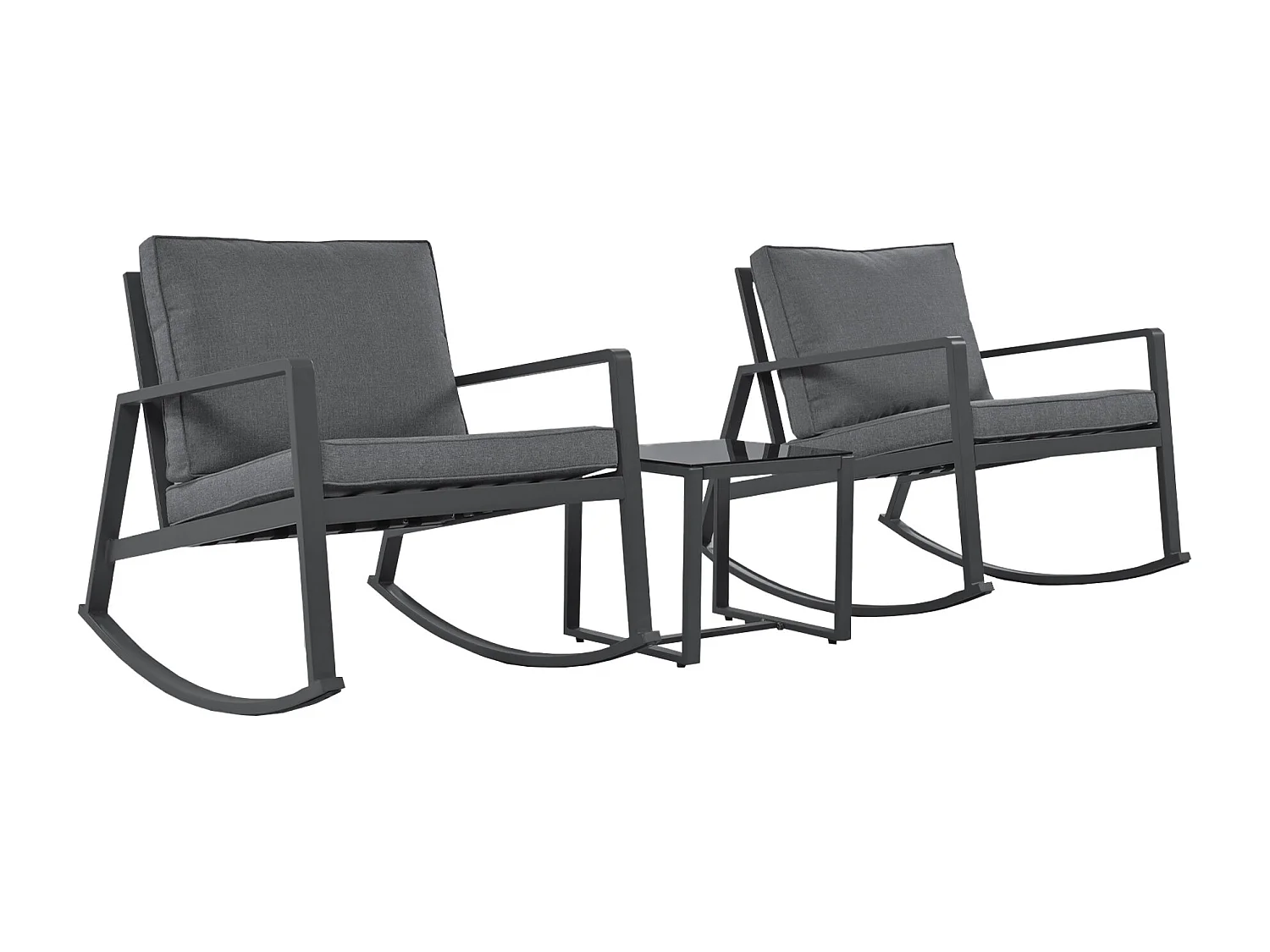 2-zits metalen tuinmeubelset: 2 schommelstoelen en 1 glazen salontafel - 8 cm gevulde kussens - Grijs