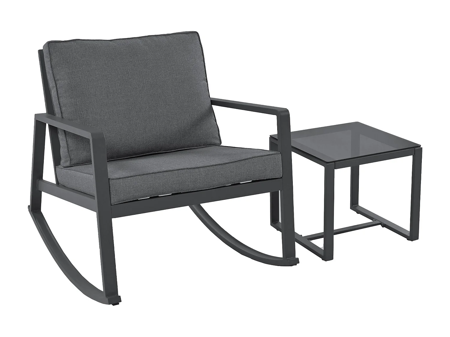 2-zits metalen tuinmeubelset: 2 schommelstoelen en 1 glazen salontafel - 8 cm gevulde kussens - Grijs