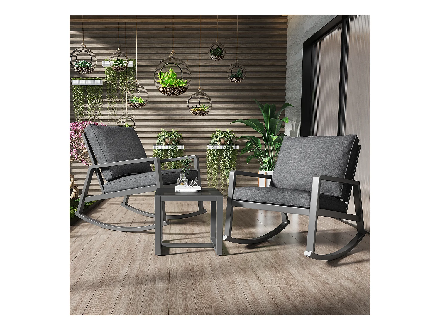 Ensemble salon de jardin en métal 2 places : 2 chaises à bascule et 1 table basse en verre - Coussins rembourrage 8 cm - Gris