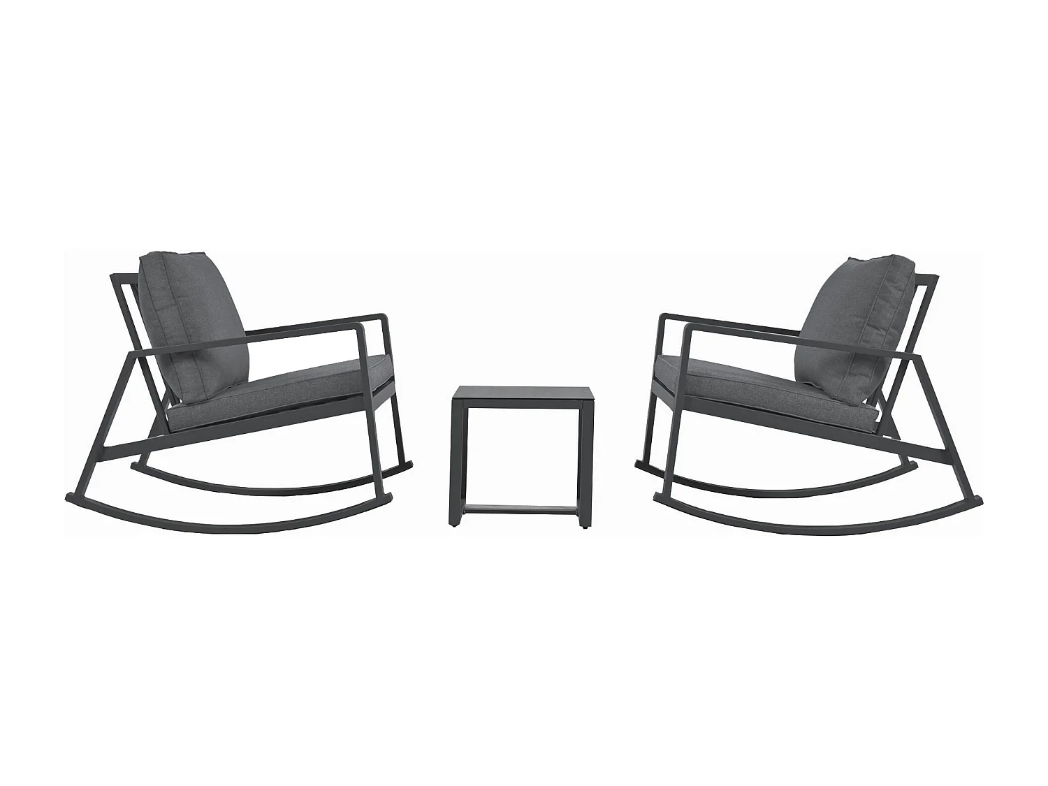 Ensemble salon de jardin en métal 2 places : 2 chaises à bascule et 1 table basse en verre - Coussins rembourrage 8 cm - Gris