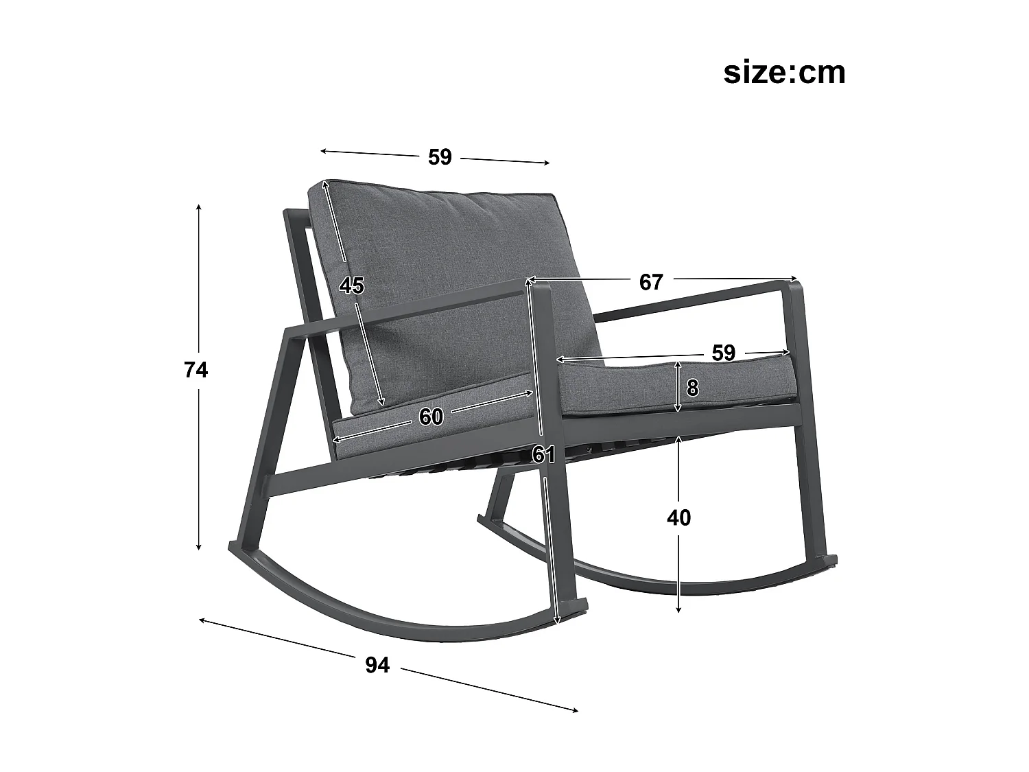 Ensemble salon de jardin en métal 2 places : 2 chaises à bascule et 1 table basse en verre - Coussins rembourrage 8 cm - Gris