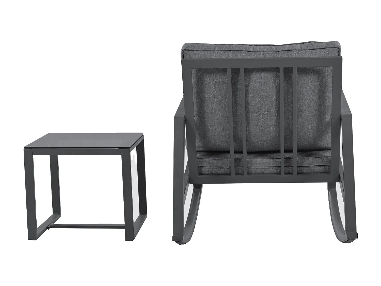 Ensemble salon de jardin en métal 2 places : 2 chaises à bascule et 1 table basse en verre - Coussins rembourrage 8 cm - Gris