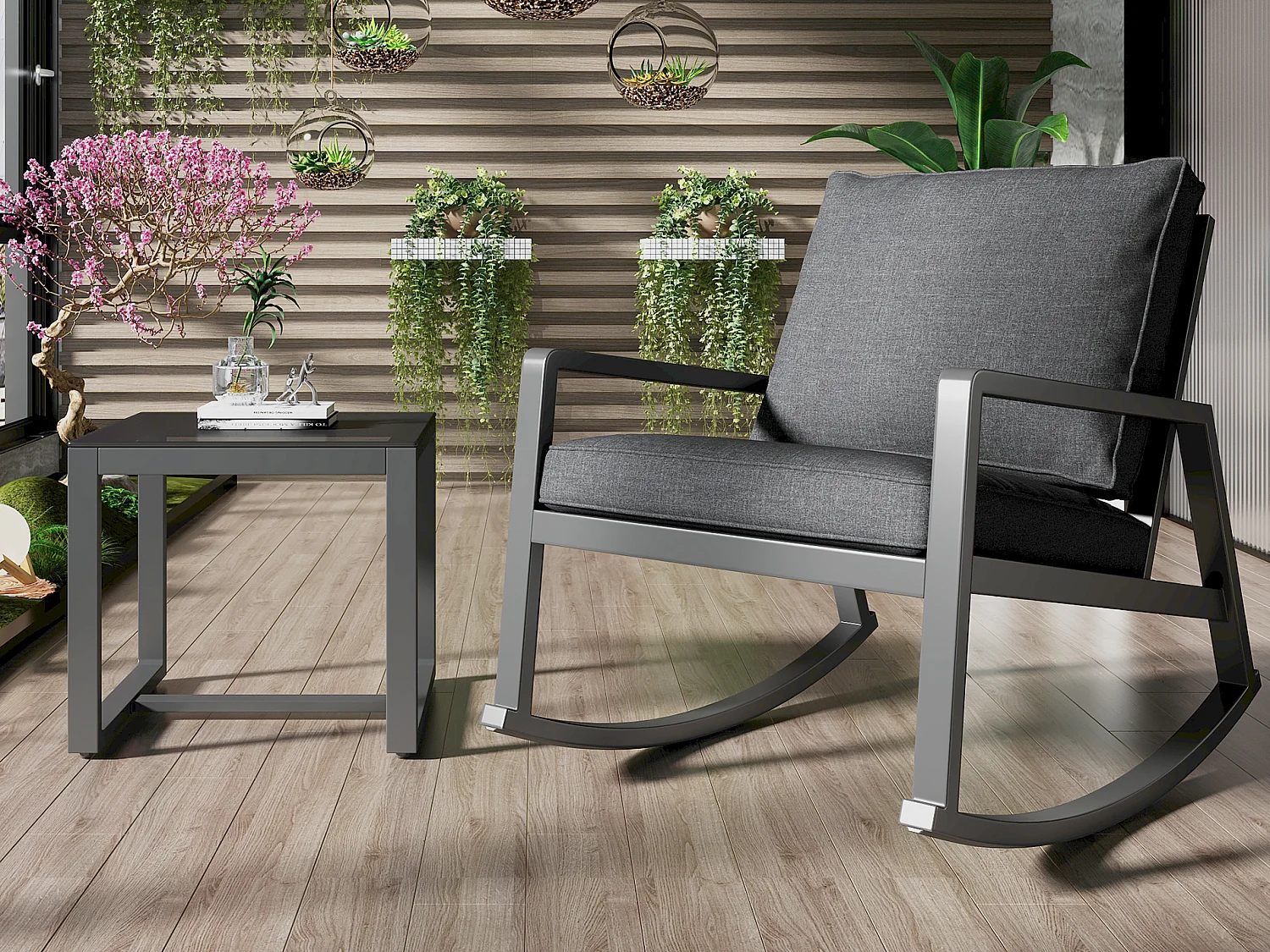 2-zits metalen tuinmeubelset: 2 schommelstoelen en 1 glazen salontafel - 8 cm gevulde kussens - Grijs