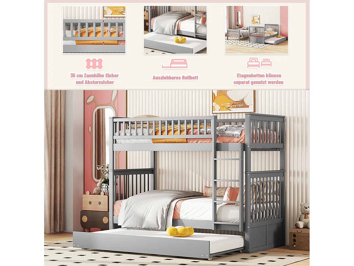 Literas 2 x 90 x 200 cm + cama nido 90 x 190 cm - Madera MDF - Gris - ANTHONY