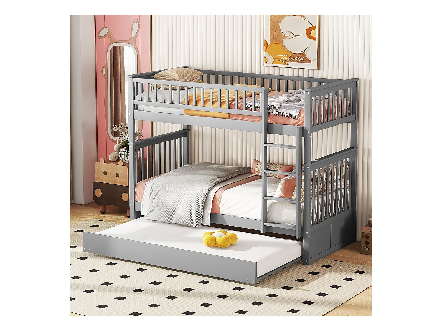 Lits superposés 2 x 90 x 200 cm + lit gigogne 90 x 190 cm - Bois MDF - Gris - ANTHONY
