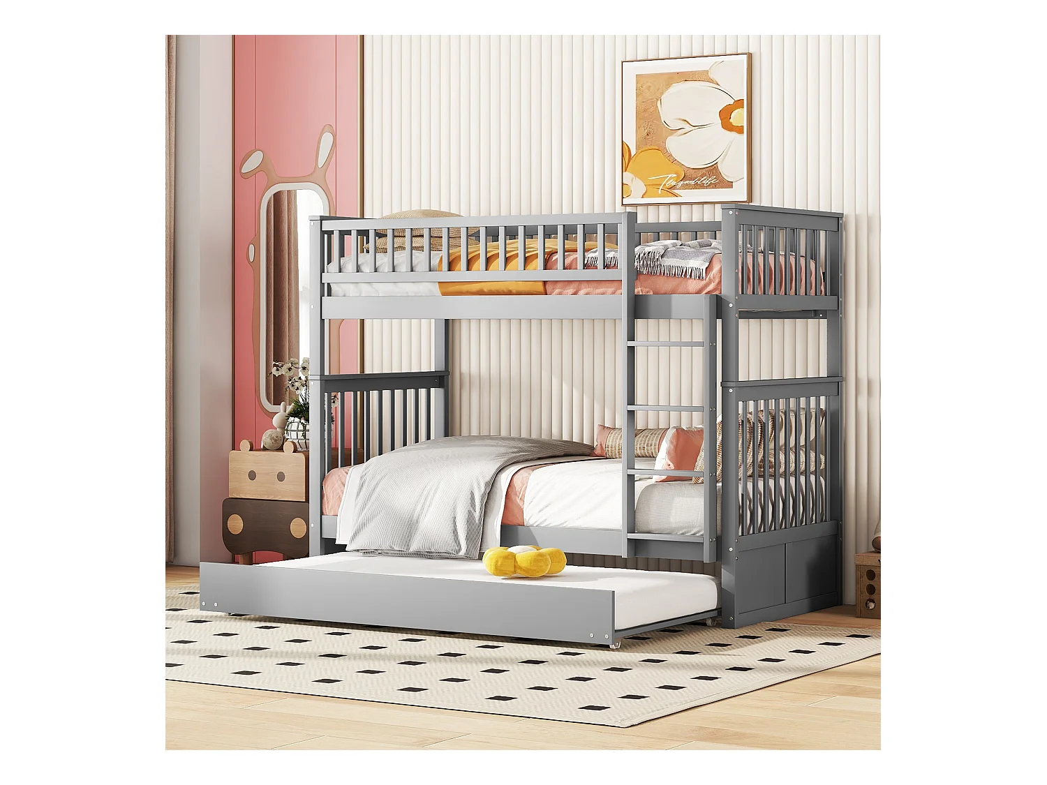Lits superposés 2 x 90 x 200 cm + lit gigogne 90 x 190 cm - Bois MDF - Gris - ANTHONY
