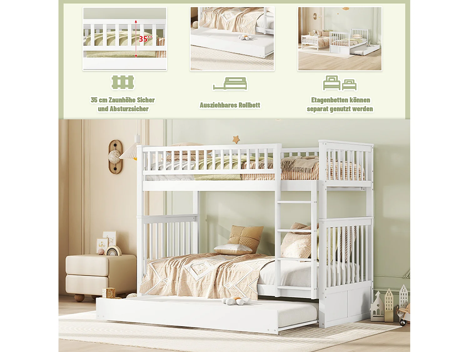 Etagenbetten 2 x 90 x 200 cm + Ausziehbett 90 x 190 cm – MDF-Holz – Weiß – ANTHONY