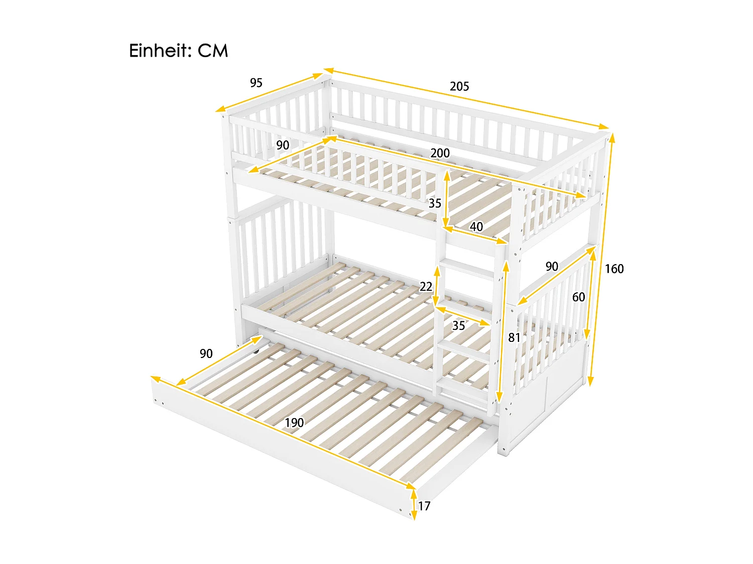 Etagenbetten 2 x 90 x 200 cm + Ausziehbett 90 x 190 cm – MDF-Holz – Weiß – ANTHONY