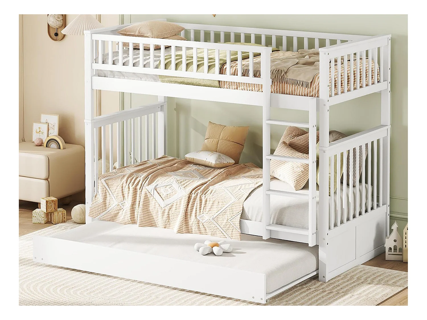 Lits superposés 2 x 90 x 200 cm + lit gigogne 90 x 190 cm - Bois MDF - Blanc - ANTHONY