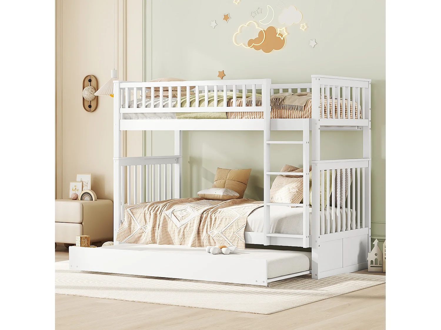 Lits superposés 2 x 90 x 200 cm + lit gigogne 90 x 190 cm - Bois MDF - Blanc - ANTHONY