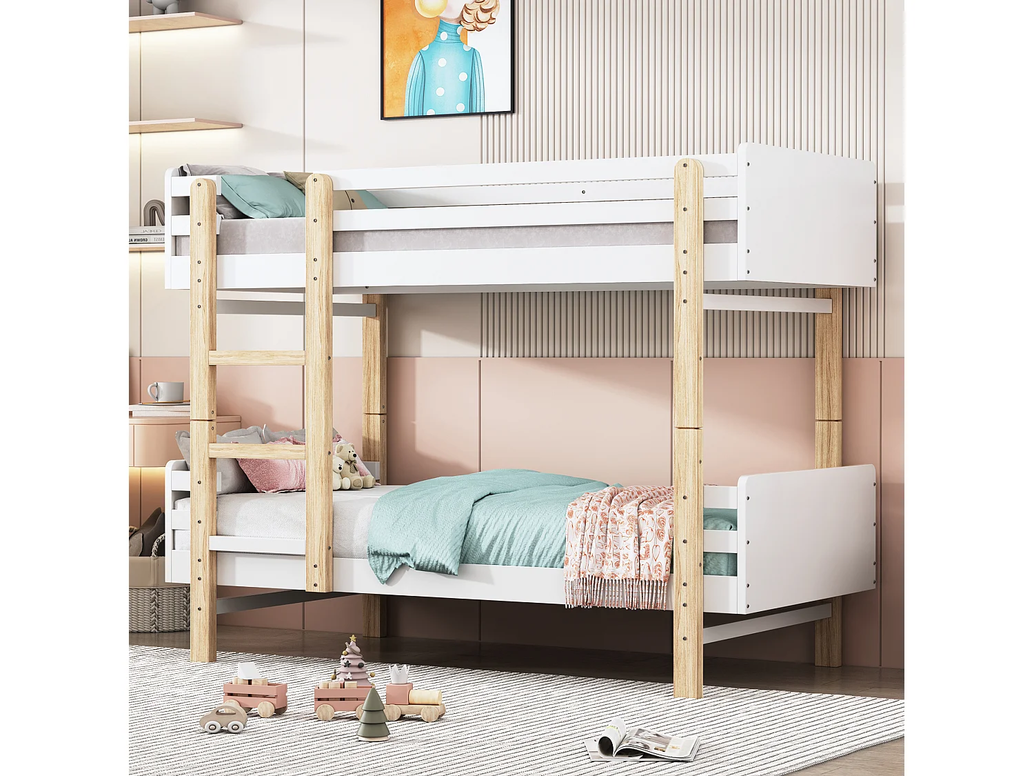 Lits superposés amovible 2 x 90 x 190 cm avec échelle  - bois massif - blanc + chêne