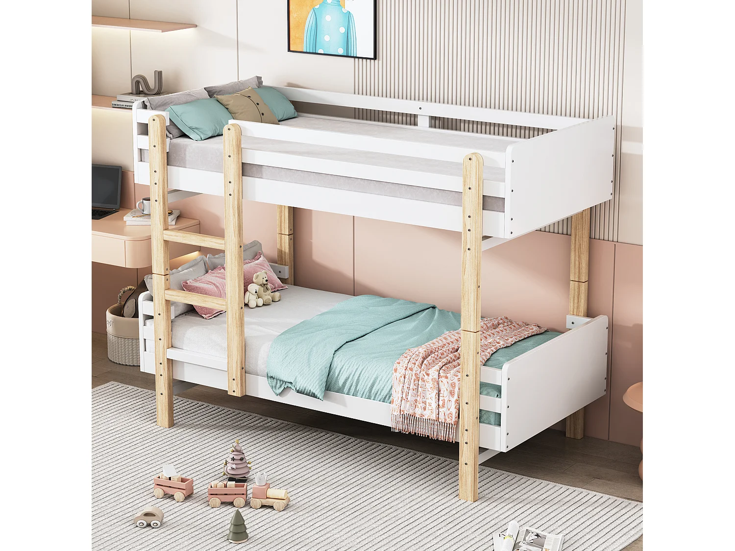 Lits superposés amovible 2 x 90 x 190 cm avec échelle  - bois massif - blanc + chêne