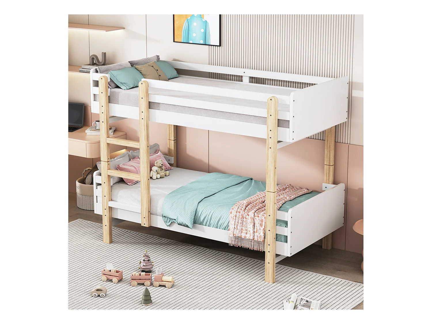 Uitneembaar stapelbed 2 x 90 x 190 cm met ladder - massief hout - wit + eiken