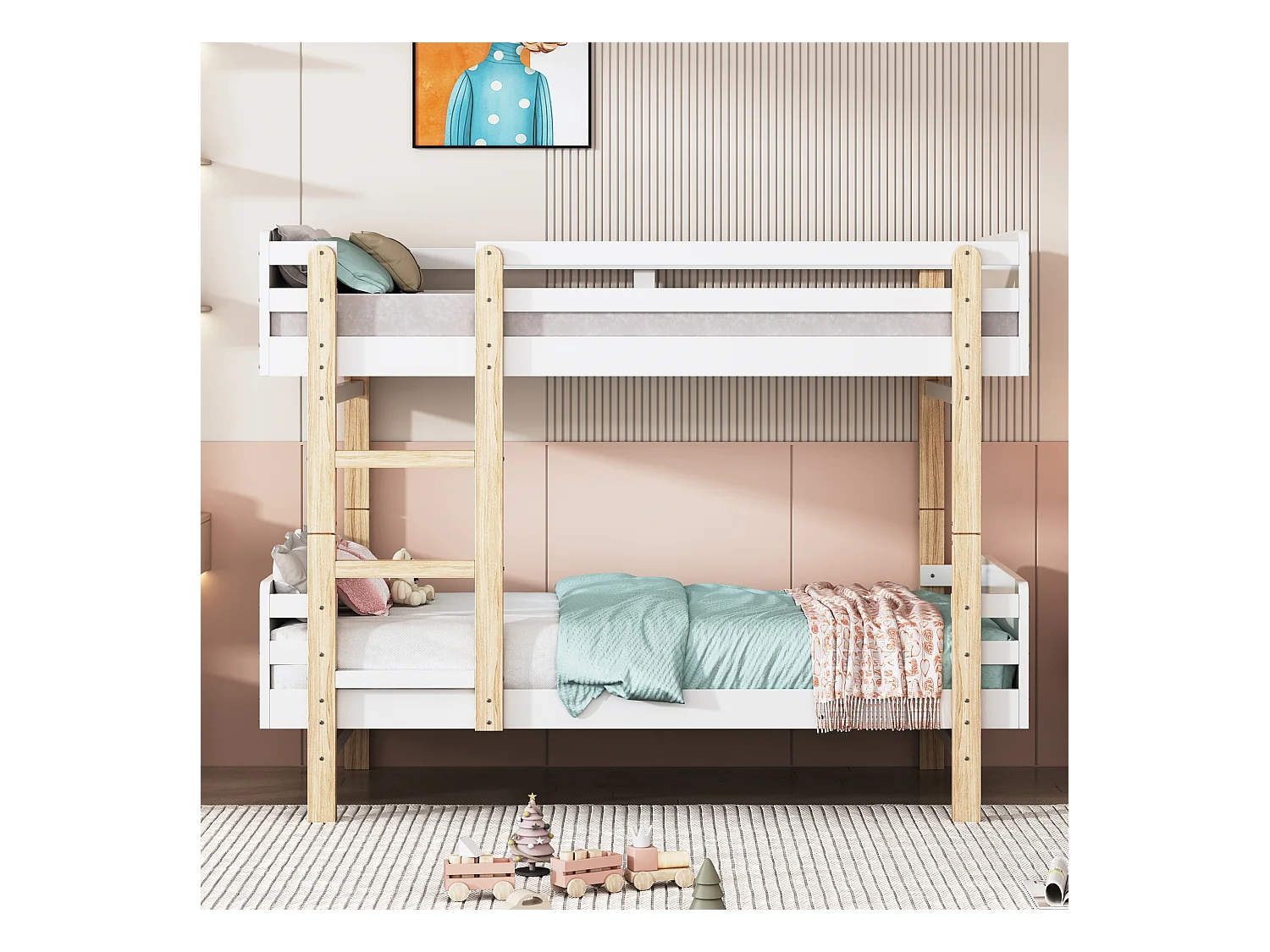 Uitneembaar stapelbed 2 x 90 x 190 cm met ladder - massief hout - wit + eiken