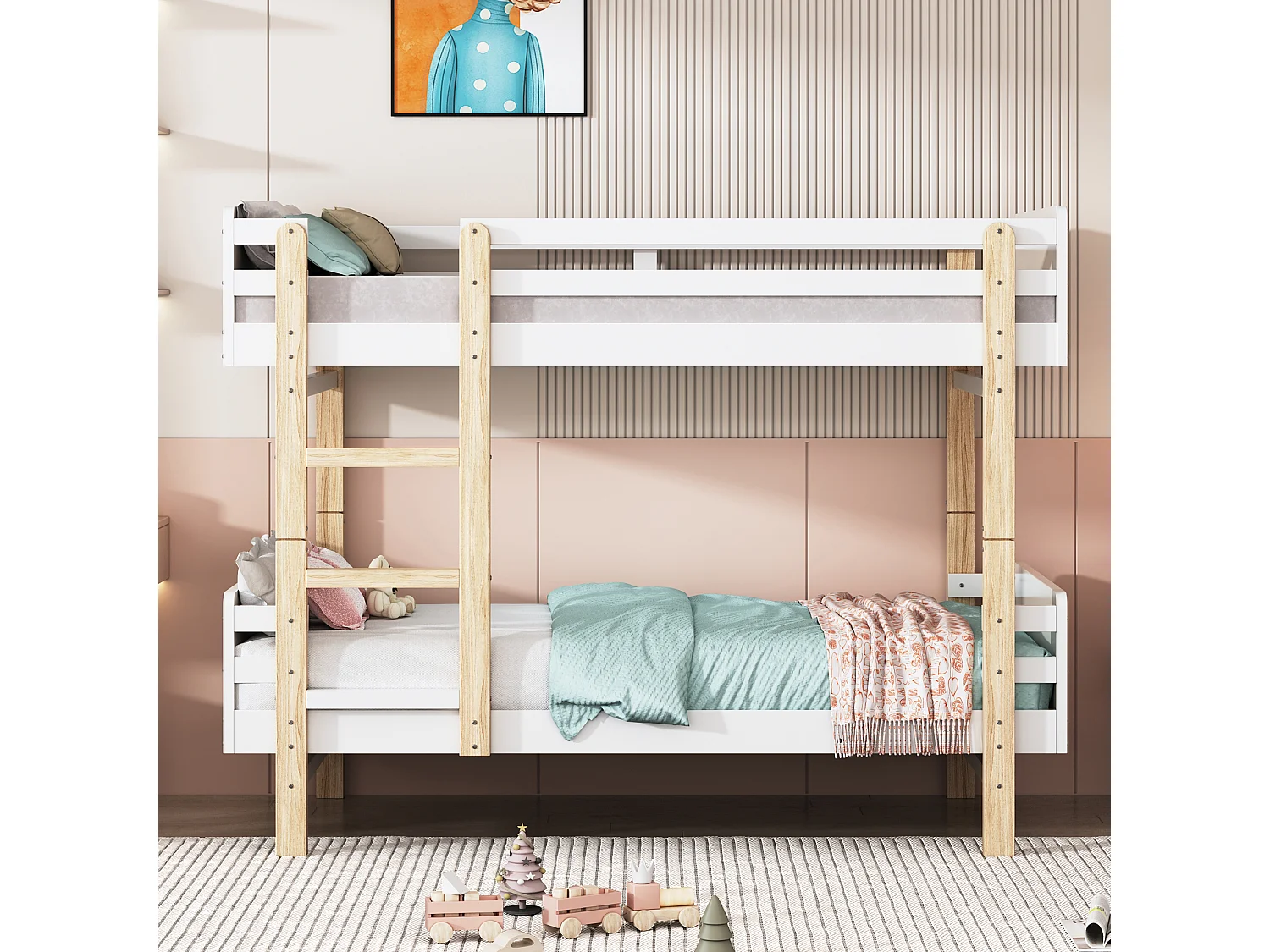 Lits superposés amovible 2 x 90 x 190 cm avec échelle  - bois massif - blanc + chêne