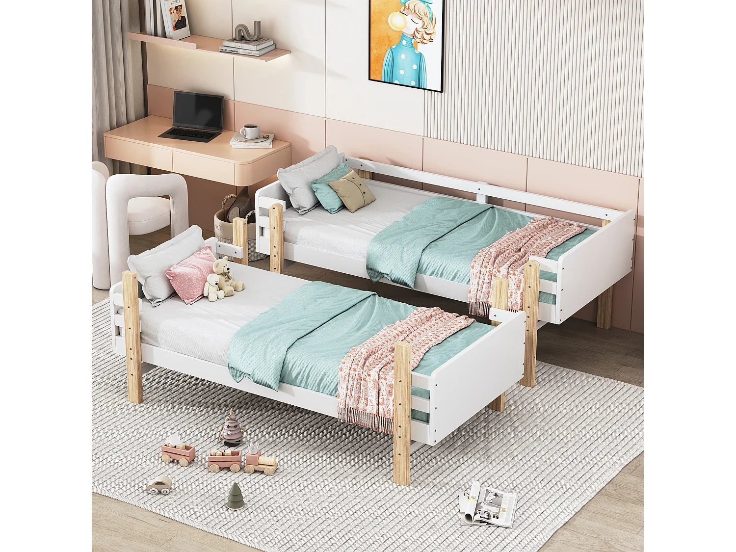 Lits superposés amovible 2 x 90 x 190 cm avec échelle  - bois massif - blanc + chêne