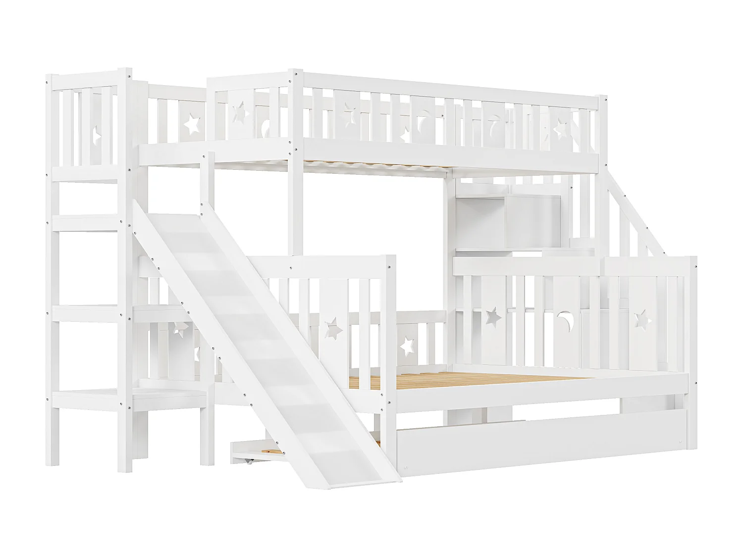 Lits superposés avec toboggan et étagères, lit gigogne - 2 x 90 x 200 cm + 140 x 200 cm - Blanc - ANTHONY