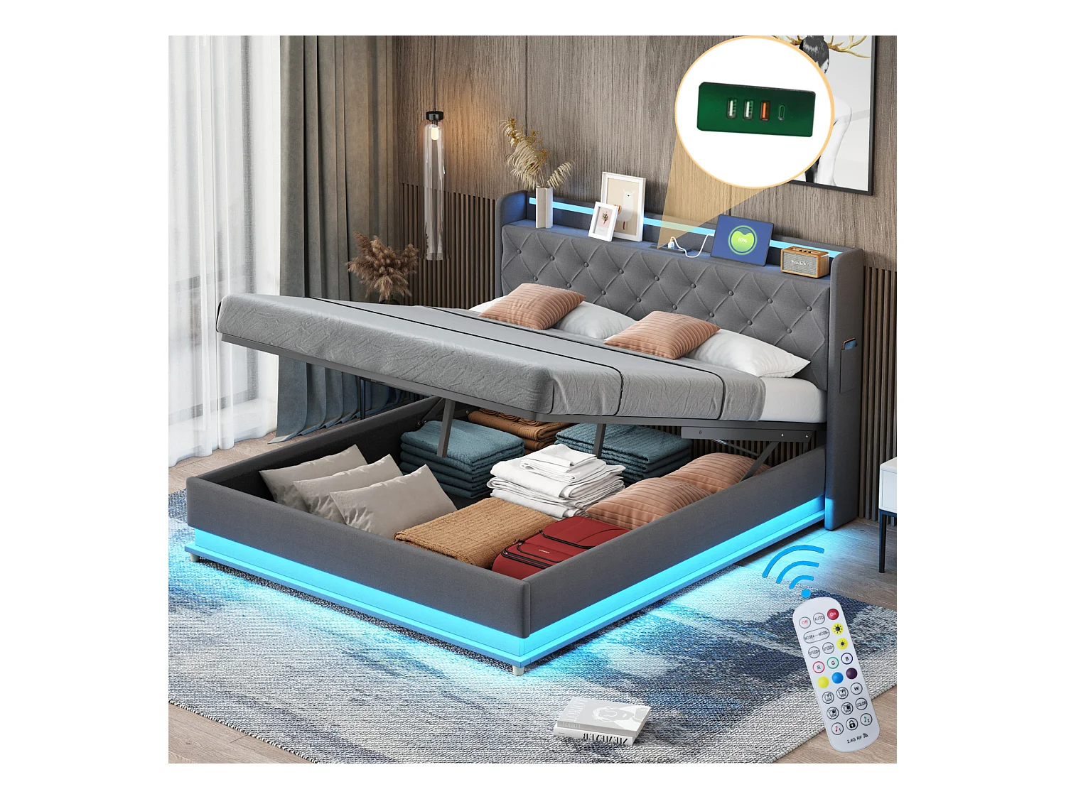 Lit coffre avec tête de lit 160 x 200 cm - Porte USB + LEDs - Tissu lin - sommier à lattes inclus - Gris