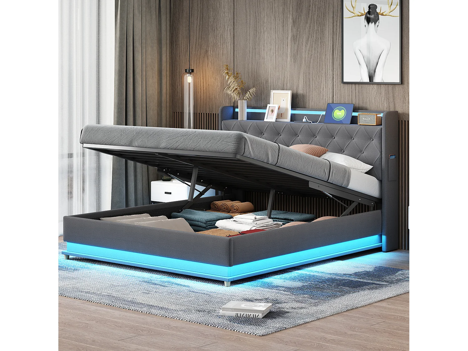 Cama contenedor con cabecero 160 x 200 cm - Puerto USB + LED - Tela de lino - Somier de láminas incluido - Gris