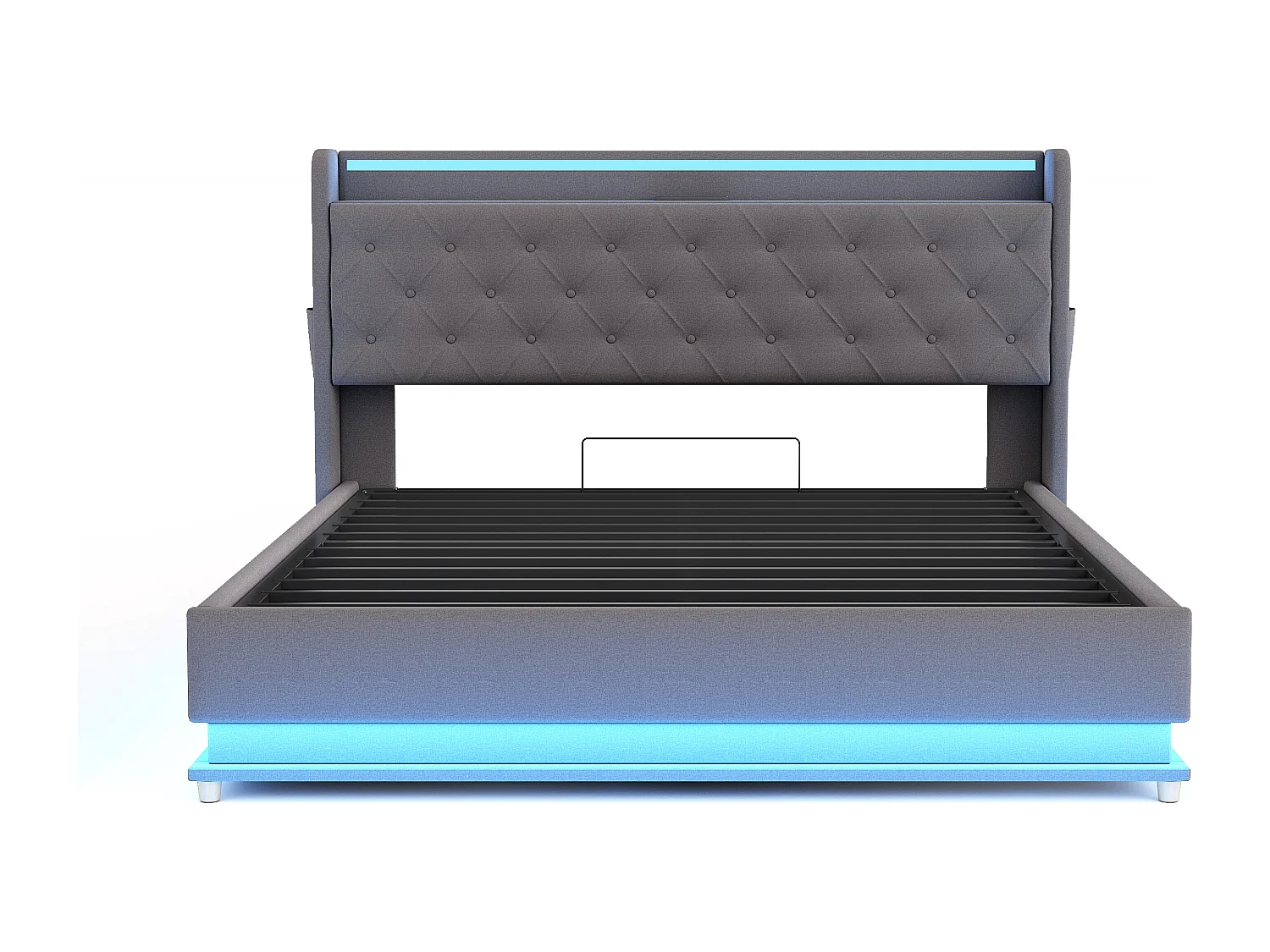Cama contenedor con cabecero 160 x 200 cm - Puerto USB + LED - Tela de lino - Somier de láminas incluido - Gris