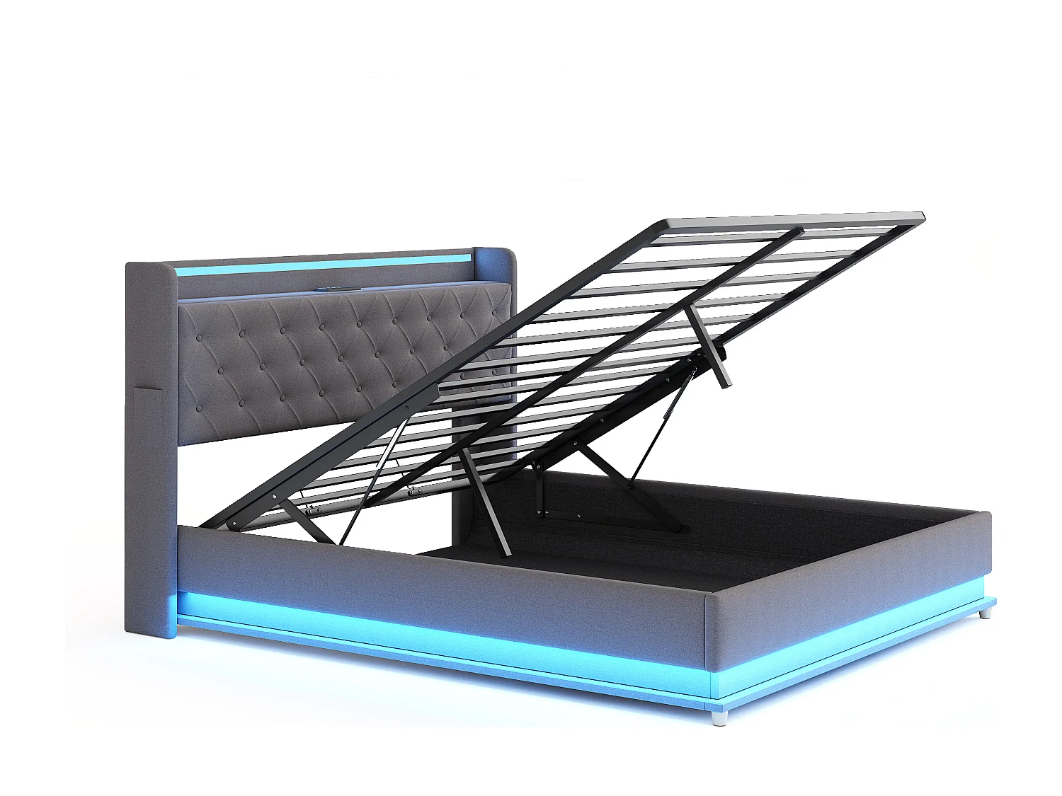 Cama contenedor con cabecero 160 x 200 cm - Puerto USB + LED - Tela de lino - Somier de láminas incluido - Gris