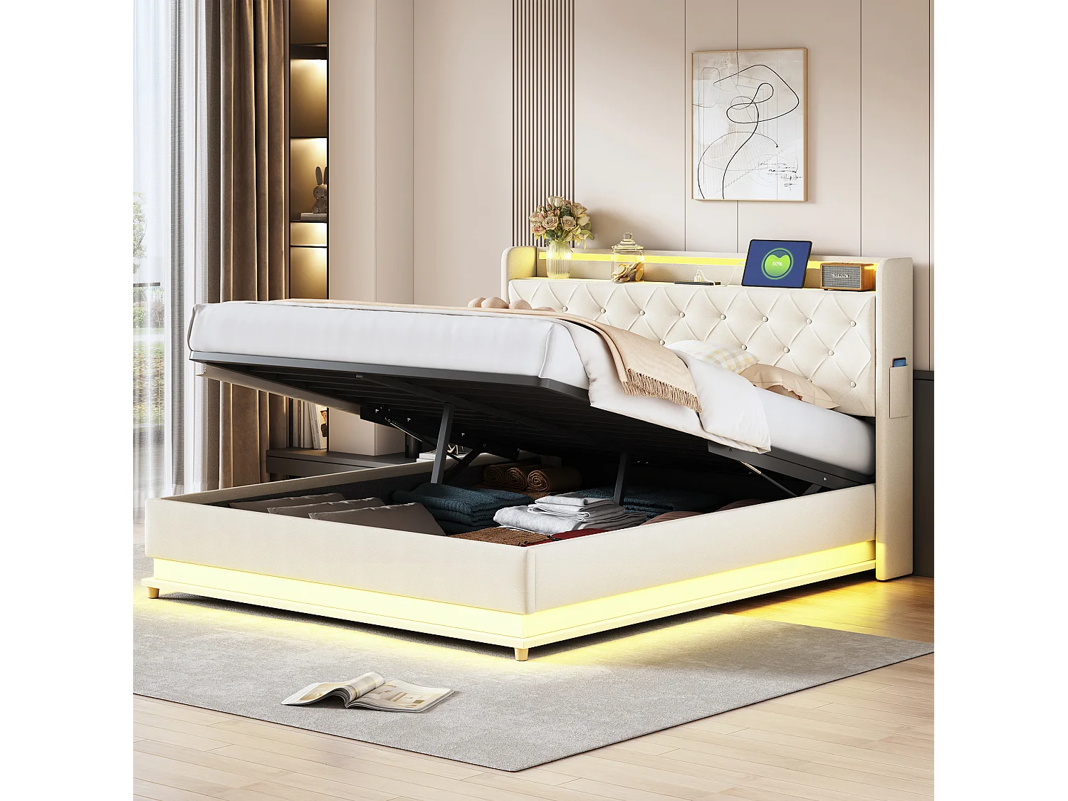 Opbergbed met hoofdeinde 160 x 200 cm - USB-poort + LED's - Linnenstof - inclusief lattenbodem - Beige