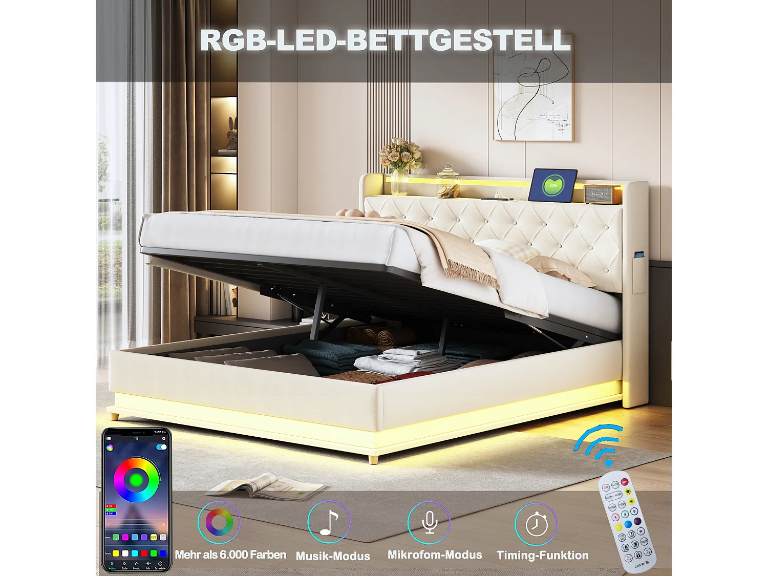 Opbergbed met hoofdeinde 160 x 200 cm - USB-poort + LED's - Linnenstof - inclusief lattenbodem - Beige