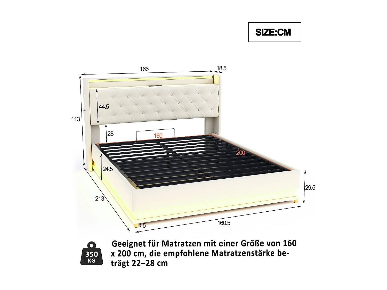 Opbergbed met hoofdeinde 160 x 200 cm - USB-poort + LED's - Linnenstof - inclusief lattenbodem - Beige