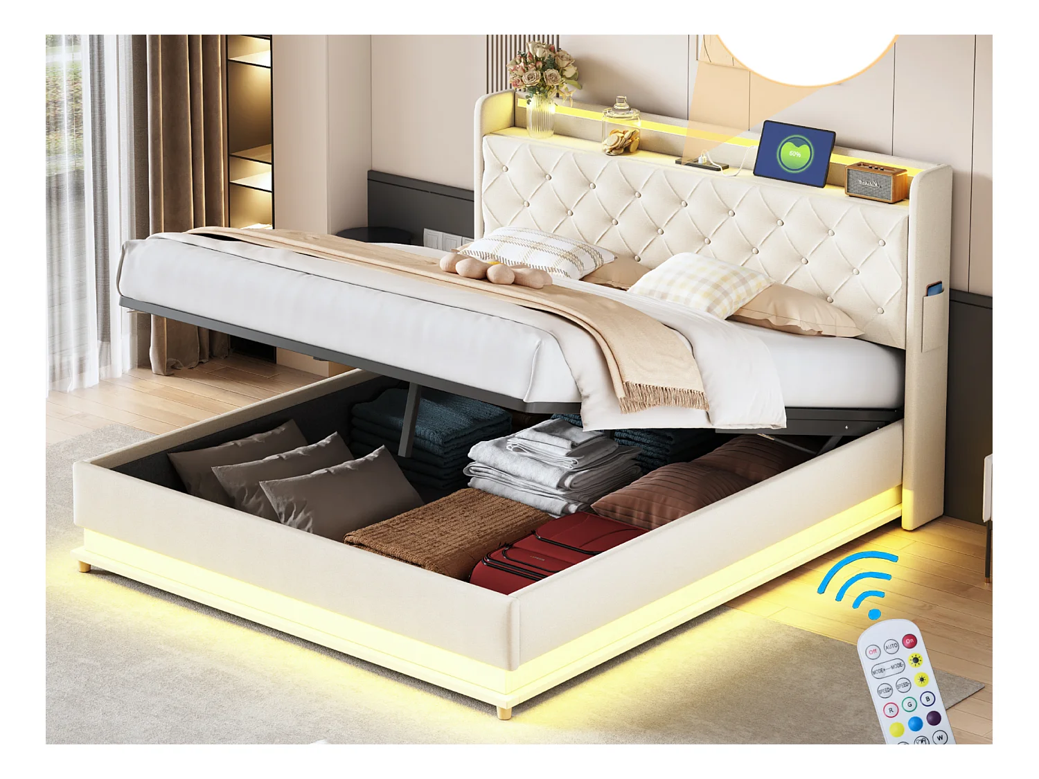 Lit coffre avec tête de lit 160 x 200 cm - Porte USB + LEDs - Tissu lin - sommier à lattes inclus - Beige