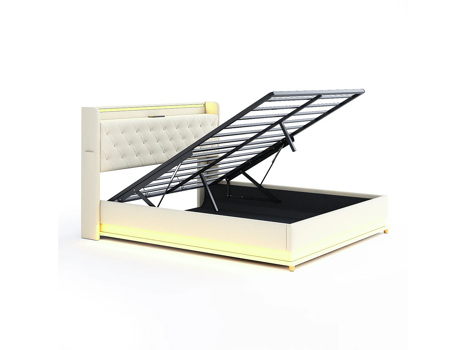Opbergbed met hoofdeinde 160 x 200 cm - USB-poort + LED's - Linnenstof - inclusief lattenbodem - Beige